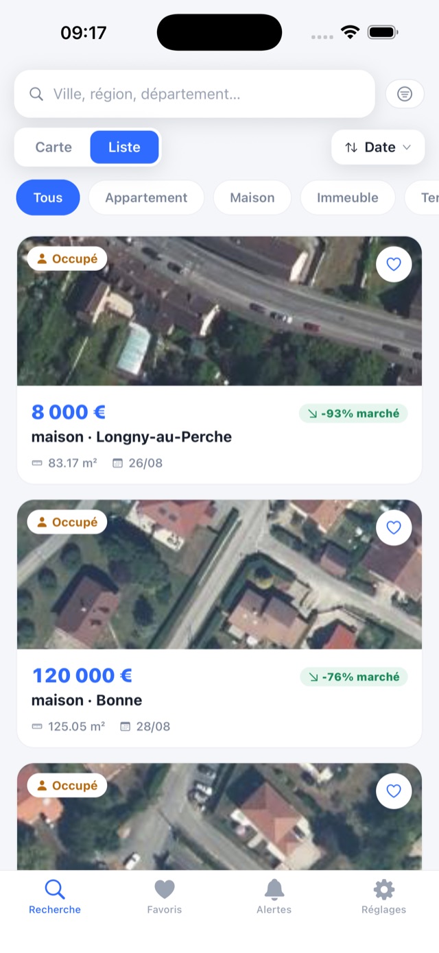 Écran liste des enchères avec la décote
