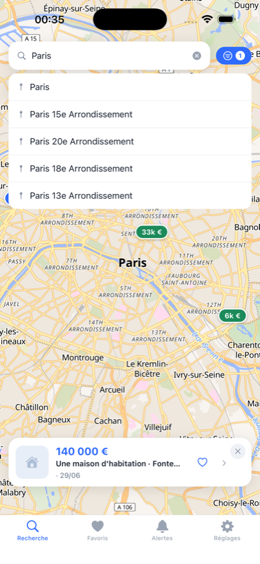 Carte Adjugé — les biens aux enchères géolocalisés avec leur prix