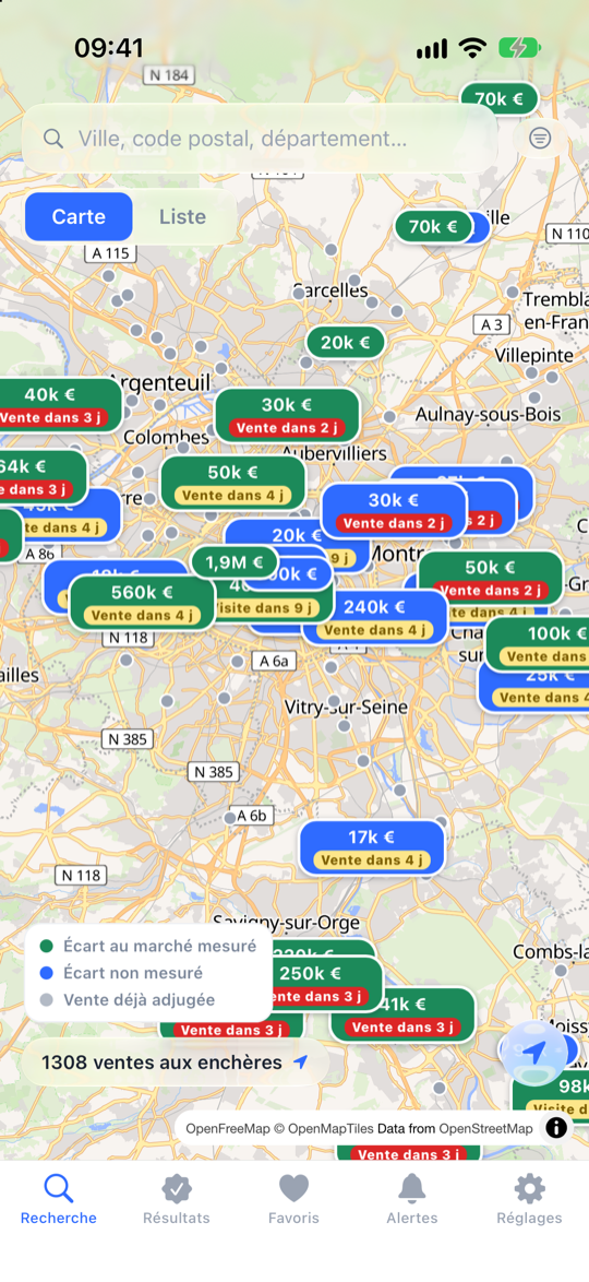 Carte de l'application Adjugé : les ventes aux enchères à venir autour de Paris, avec leur mise à prix et le délai avant l'audience