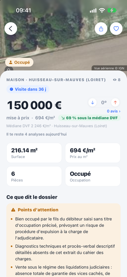 Fiche d'une maison aux enchères : mise à prix, prix au m², écart à la médiane DVF de la commune, avis des membres et points d'attention du dossier