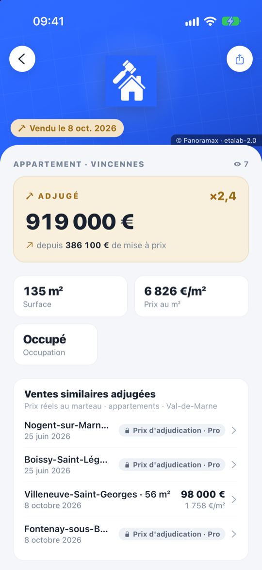 Vente adjugée : un appartement à Vincennes parti de 386 100 euros de mise à prix et adjugé 919 000 euros, avec les ventes similaires du département